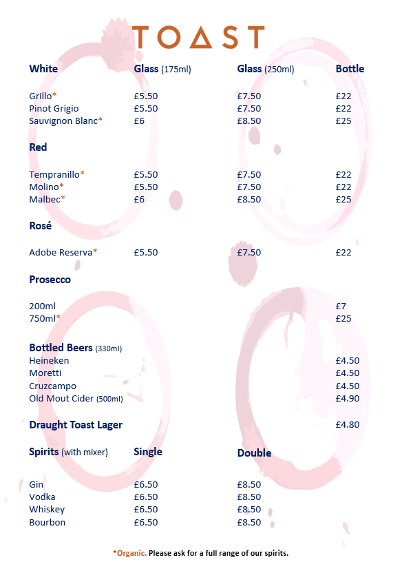 Alcohol Menu UK Toast Altrincham